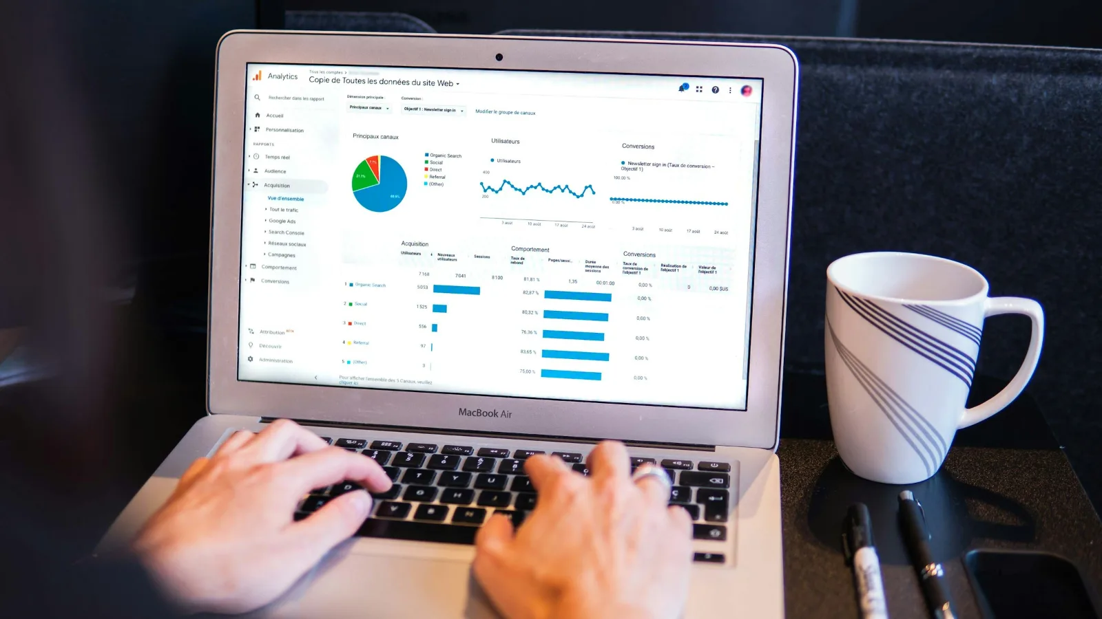Laptop showing a Google Analytics overview report used to measure SEO results
