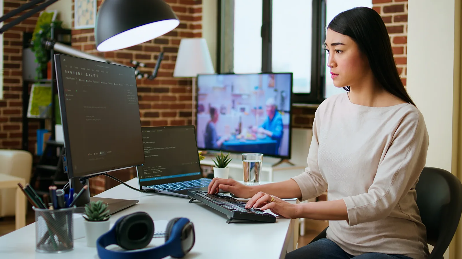 Software developer writing code for a web application on a laptop