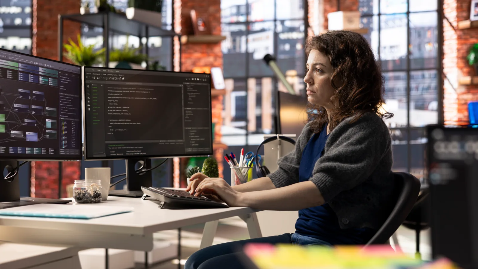 Developer at an agency office working on a website redesign
